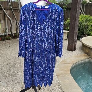 Nwt vtg Silky nites by Cherish  sequine beaded silk dress  blue royal  sz 22-24"